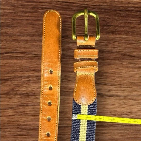 Vintage COACH Preppy Tab Belt Size 40 Natural Linen Navy Leather Brass 3822 - Picture 5 of 6